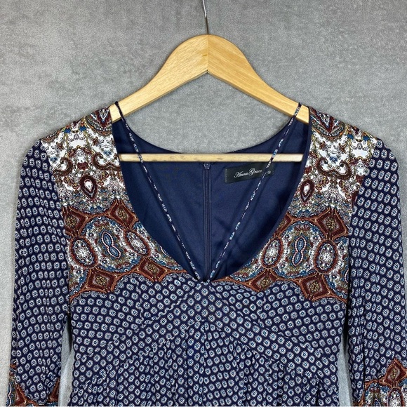 Anna Grace Dress Small Blue Boho Western Print Rayon Long Sleeve Lined - Picture 2 of 13